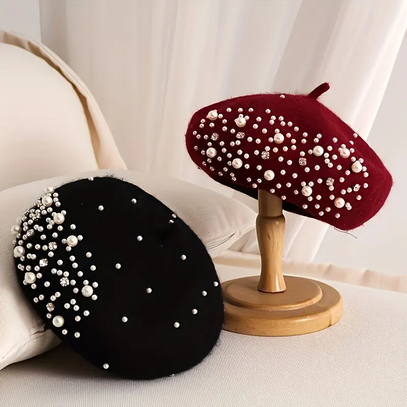 Women's & Men's Y2K Style & Rhinestone-Adorned Beret Hat - Elegant Winter Warmth, Lightweight & Hand Washable,plush warm hat， Black & Burgundy with White/Pink Trim, Structured Fit for Casual & Formal Events, New Year's Eve, Everyday Outfits - Versatile Un