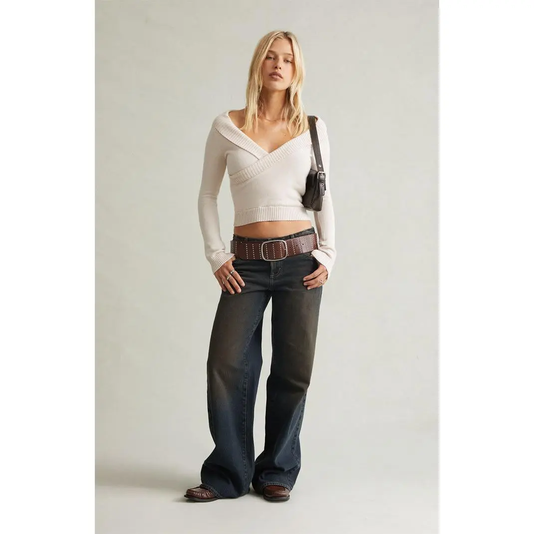Pacsun Women's Casey Low Rise Baggy Contrast Stitch Dark Blue
