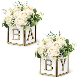 2pc golden baby shower party table centerpiece flower box, wooden box with the letters BABY, suitable for gender revealing parties (without flowers)