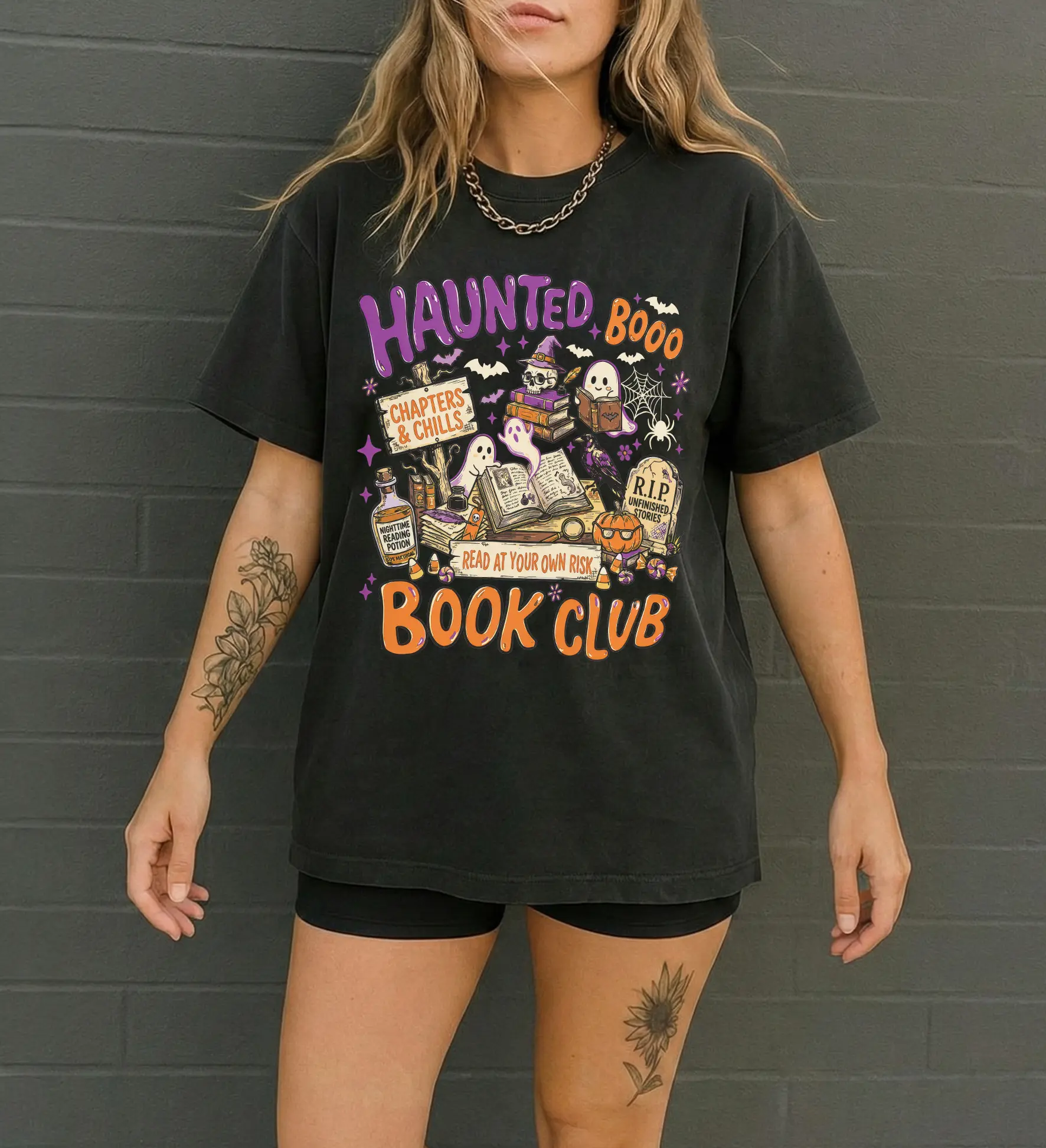Women's Gildan G5000 Casual Short-Sleeve Oversized Haunted Book Club Halloween Graphic Tee, Comfy Spooky Reader Print T-Shirt