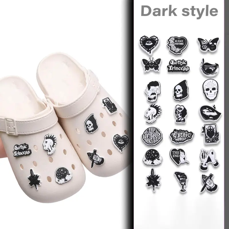 Punk Rock Style White and Black Heart & Cartoon Face & Letter Design Shoe Charm, Gothic Design Shoes Charm for Decoration, Shoes Accessories for Decor As Gift, Shoe Charms Set, Footwear Accessories, Shoe Decor Accessory