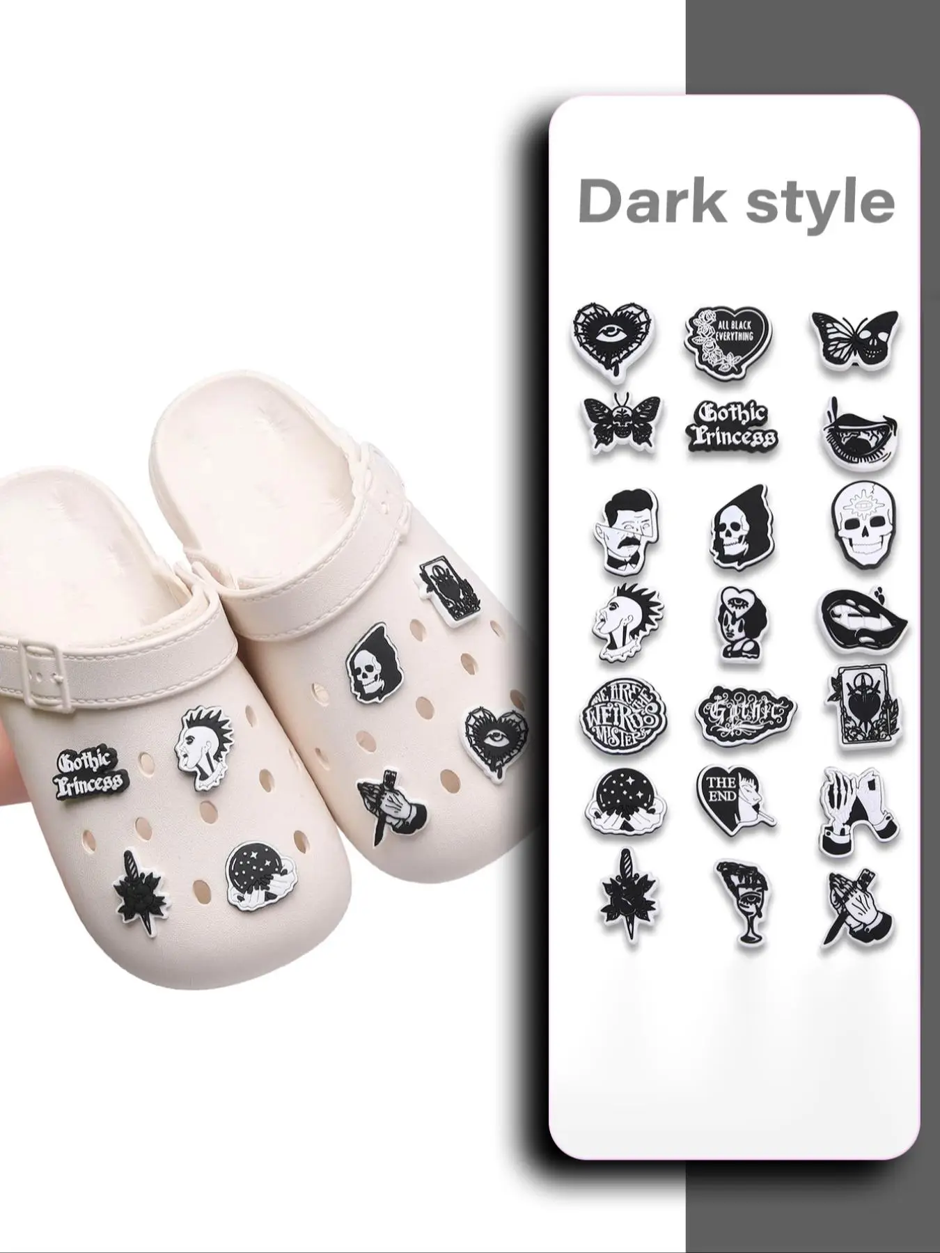 Punk Rock Style White and Black Heart & Cartoon Face & Letter Design Shoe Charm, New Trend Gothic Design Shoes Charm for Shoes Decoration, Fashion Sho
