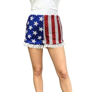 Women 4th of July Shorts Casual Eyelet Lace Trim Sparkly Sequin USA Flag Star Stripes Elastic Waist Short Pants Party Clubwear Streetwear