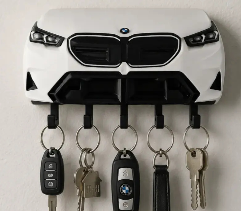 BMW Themed Wall Mounted Key Holder - 5-Hook Modern Home Organization Decor with Front Fascia, Easy-Installation Car Organizer for Garage, Entryway, Home Decor Gift