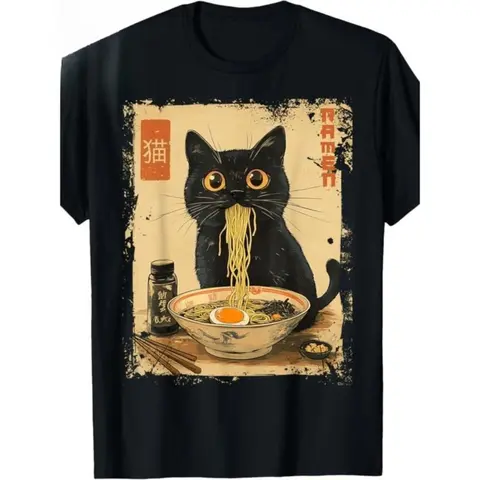 100% Cotton Stylish Vintage Kawaii Cat Ramen Graphic T-Shirt For 100 Cotton Comfortable Crew Neck Short Sleeve Casual Top With Heat Transfer Print Regular Fit All Season Wear Made In USA T-Shirt For Men and Women Black Crewneck