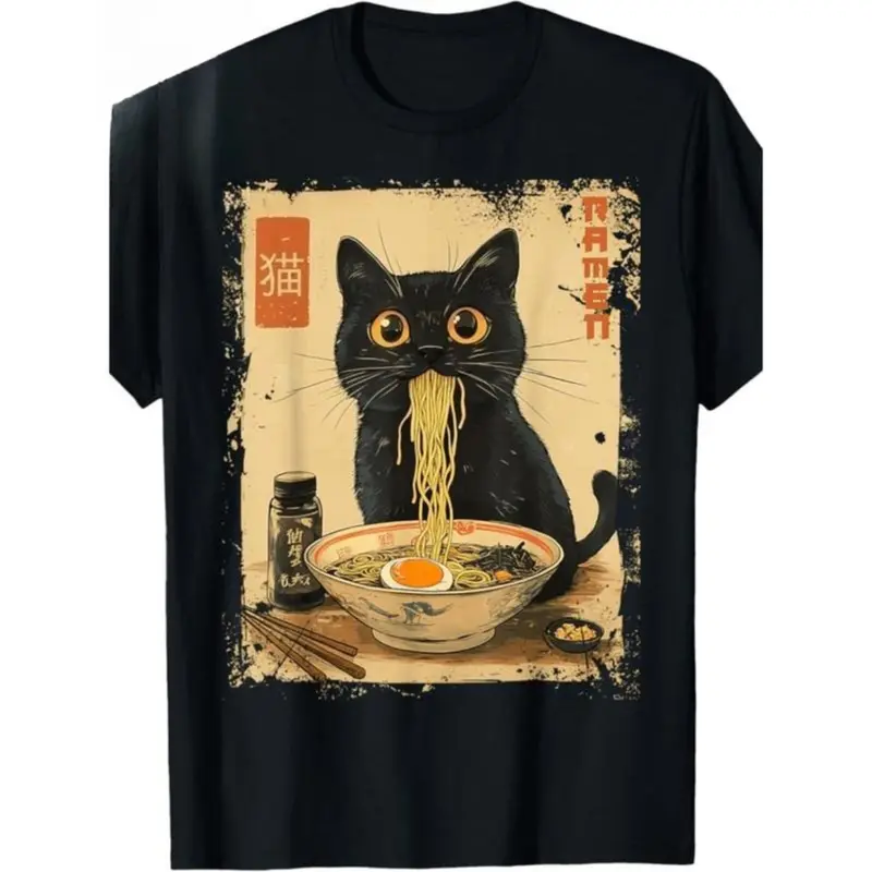 100% Cotton Stylish Vintage Kawaii Cat Ramen Graphic T-Shirt For 100 Cotton Comfortable Crew Neck Short Sleeve Casual Top With Heat Transfer Print Regular Fit All Season Wear Made In USA T-Shirt For Men and Women Black Crewneck
