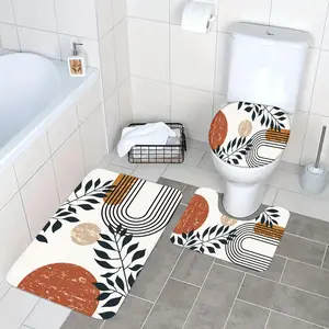 Leaf Pattern Bathroom Mat Set, 3 Counts/set Including Bath Mat & U-shaped Mat & Toilet Lid Seat Cover, Non-slip Soft Absorbent Bathroom Rug Set for Home Hotel Dormitory Decor