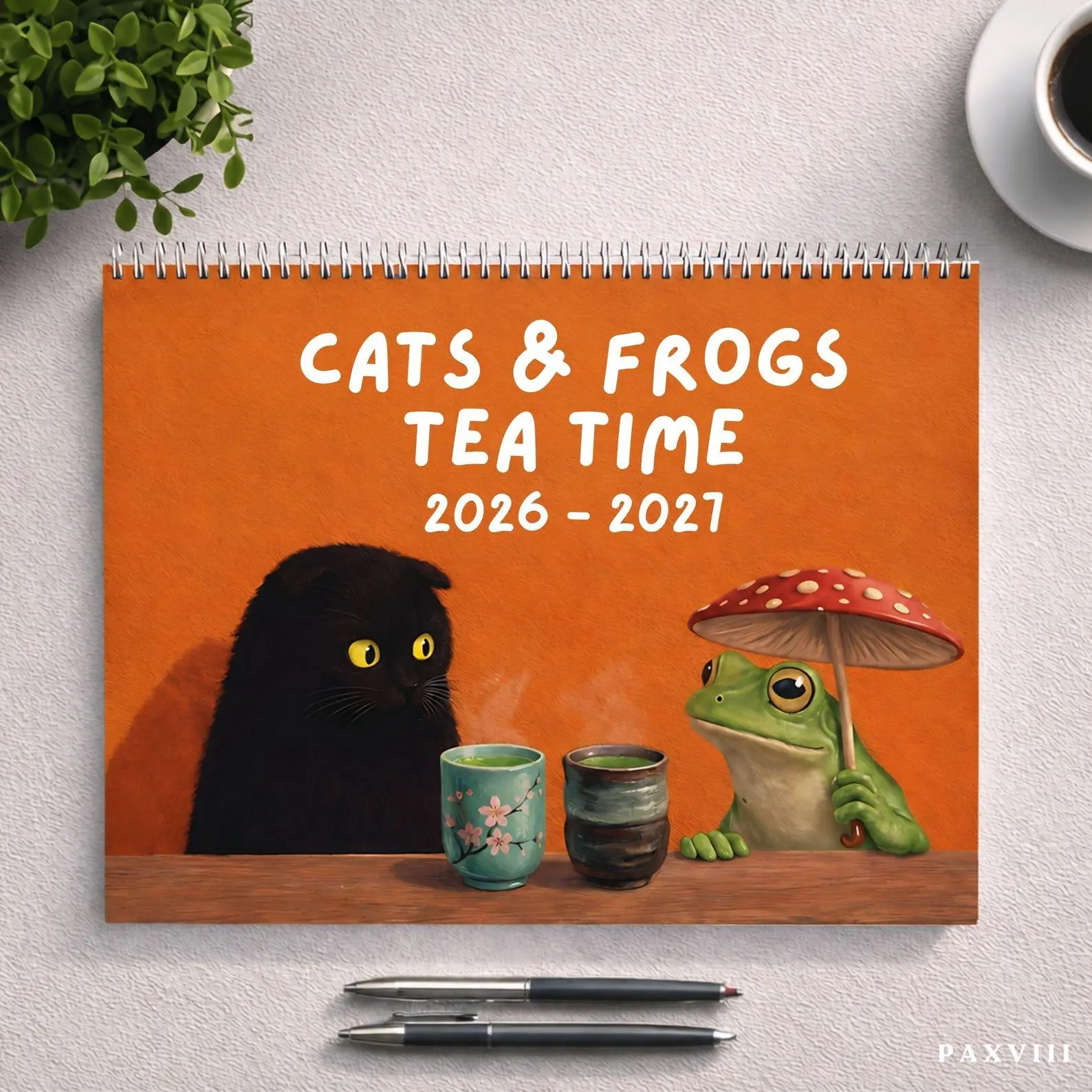 Frog and Cat with Tea Calendar 2026 2027 Cat Wall Calendar Planner, Frog Mushroom Calendar, Cottagecore Wall Calendar 2026-2027 Cat Calendar