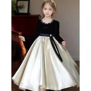 Evening Dress, Autumn, And Winter, Featuring a Stylish Princess Gown Older Girls with Long Sleeves. This Elegant Black Dress Is Adorned with Sequins And Is Perfect Flower Girls, Birthday Parties, Halloween, Christmas