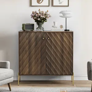 Sideboard Cabinet with Adjustable Shelf, Freestanding Walnut Buffet Cabinet with Storage, Wooden Storage Cabinet with Textured Diagonal Lines Doors for Living Room, Entryway, Console