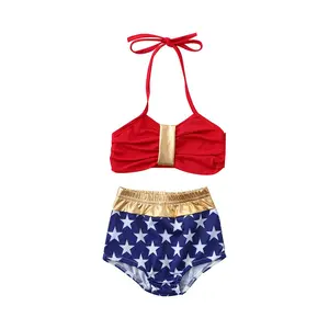 2Pcs Baby Girls Stars Swimwear Lace-up Ruched Bra + Print Triangle Shorts Fashion Bikini Set