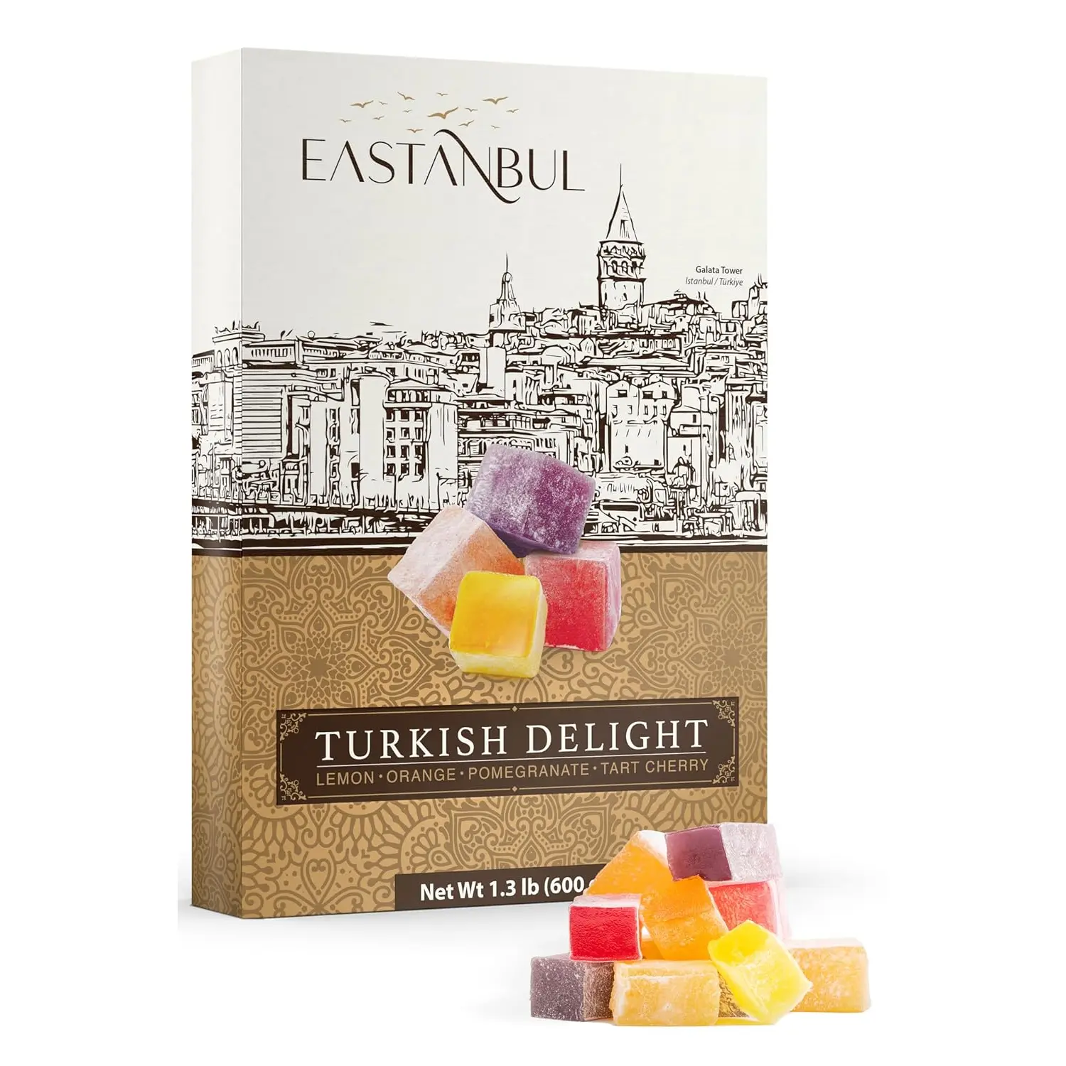 Eastanbul Turkish Delight Candy 21.2oz, 4 Flavors Pomegranate, Orange, Tart Cherry, & Lemon Turkish Delights Assorted, Foreign Candy of Turkish Lokum, Turkish Delight Plain, International Candy Box, Valentine's Day Gift