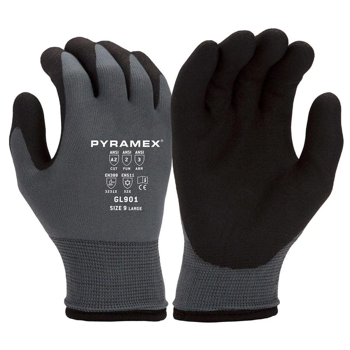 Pyramex GL901 Cuffed Safety Work Gloves - 7-Gauge Acrylic Nylon/Acrylic Insulated, A2 Cut-Resistant Dipped, Bacteria & Odor Control, EN511:2006-X2X Certified for Commercial Fishing & Food Processing Advanced Protection Gloves, Outdoor Activities