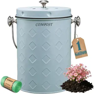 Countertop Compost Bin Kitchen,Odorless Indoor Compost Bin with Lid,Farmhouse Composter Container for Food Waste,Includes 2 Carbon Filters, Small Compost Bucket,Trash Bags (Modern, Blue)