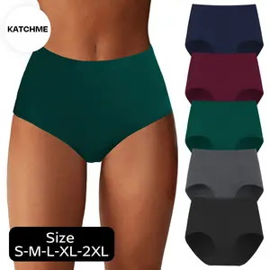KatchMe Women's Minimalist Cotton Solid Color High Waist Seamless Skin-Friendly Breathable Panties, 5 Pack Double-Layer Stretch Multipack Underwear(US)