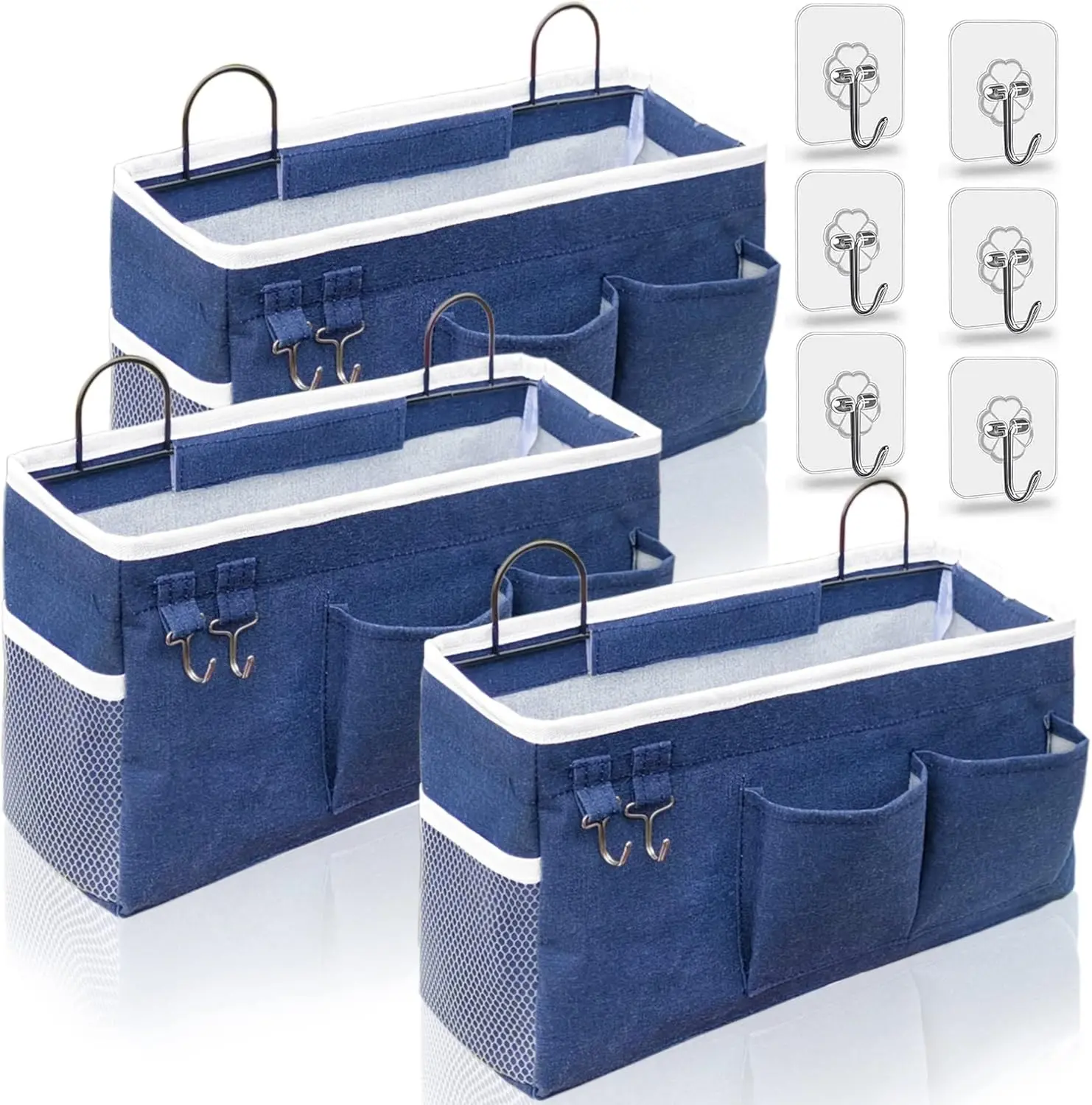 3pcs Large Wall Hanging Organizer Bag, Linen Fabric Door Hanging Storage Baskets with Pockets, Waterproof Bin for Kitchen, Bedroom, Office, RV Camper, Blue