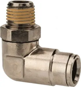Norgren Push-Connect Tube Male Swivel Elbow - 10mm Outside Diameter, 1/4 BSPT Thread, Nickel Brass Construction, Nitrile O-Ring Seal, 260psi Max Pressure, Tube-to-Male BSPT Connection, Part #101471028