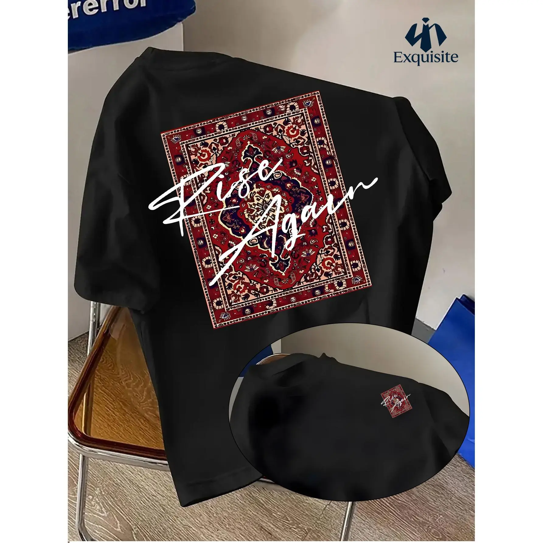 Men's Persian Rug Heat Transfer Print T-Shirt - Double-Sided Vibrant Design, Lightweight cotton Summer Beach Travel Essential, Machine Washable Crew Neck Casual Streetwear Top, Suitable for Urban Fashion and Persian Style Outfits