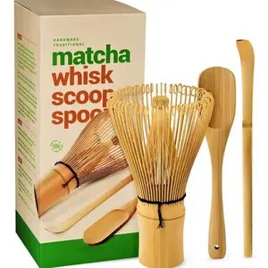 Matcha Whisk Set - 3 Classic Matcha Tools: Traditional Scoop, Tea Spoon & Pronged Whisk, Handmade from 100% Natural Bamboo