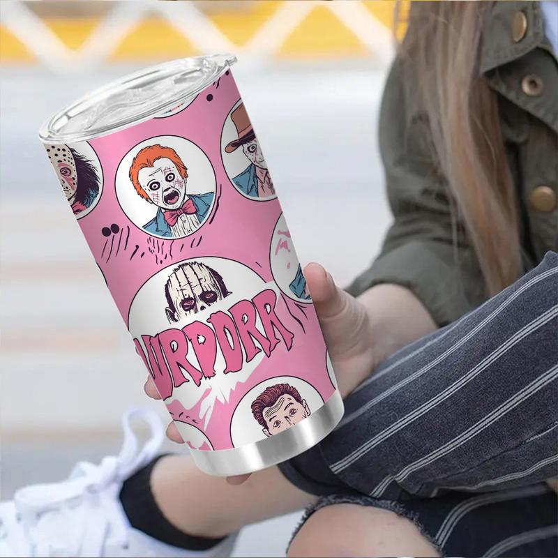 Sinister Clown Gang Tumbler - 20oz Insulated Mug with Pennywise-Inspired Horror Crew Artwork, Blood Splatter Background for True Horror Fans