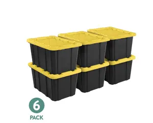 Sterilite Large Storage Bin, 27 Gallon Durable Plastic Storage Tote with Snap-On Lid, Black and Yellow, 6 Pack