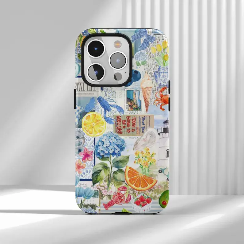 American Beach Collage Phone Case,Lemons,Blueberries,Lighthouses,Sailboats,iPhone 17 16 15 14 13 12 Air Pro Max Samsung S25 S24 S22 Ultra