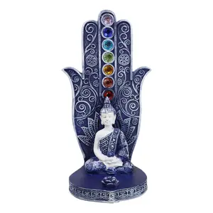 Blue Nirvana Hamsa Palm Buddha Rainbow Chakra Stones Incense Holder Figurine