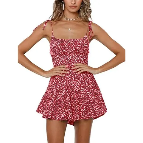Cicy Bell Women's Boho Floral Wide Leg Short Romper Spaghetti Strap Smocked Jumpsuit with Adjustable Strappy and Ruffle Hem - Womenswear