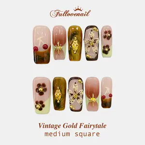 Fullovenail Medium Square Shape 10 PCS  Amber Cherry Handmade Press on Nail REUSABLE 3D Gel Fake Nails Acylic Press on Nail/Summer 2025 party press
