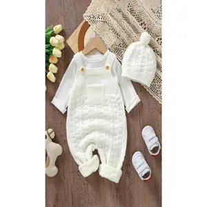 Girls' 2-Piece Acrylic Knit Outfit Set, Sleeveless Crew Neck Jumpsuit with Leggings & Matching Hat, Casual Solid Color, Slight Stretch, Regular Fit for Fall/Winter
