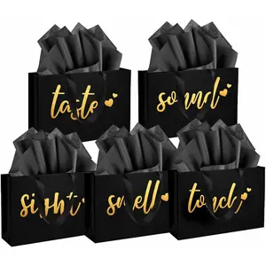 5 Senses  Bags Five Senses  Bags with Tissue Paper  Paper Bag with Ribbon Handles for Anniversary, Valentine's Day, Birthday for Him Husband Boyfriend (Black )