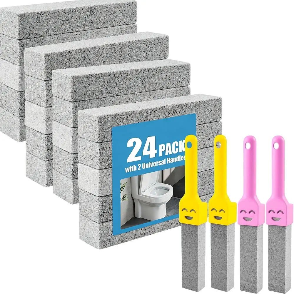 24 Pieces Reusable Pumice Stone Cleaning Blocks with Detachable Cartoon Handle Stick, Multipurpose for Toilet, Tub, Basin, Stainless Steel Sink, Household Regular Maintenance, Detachable Stick