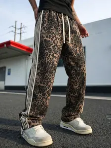 Men's Casual Leopard Print Wide Leg Sweatpants, American Retro Wild Cool Style, Side Stripe Long Pants, Loose-Fitting Regular-Leg Trousers