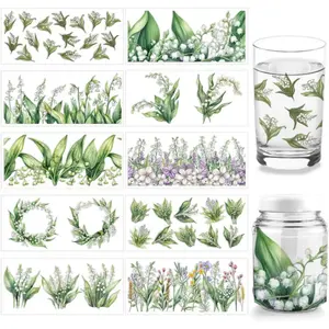 10 Pcs UV DTF Cup Wrap Transfer Sticker, 10 Styles Lily of The Valley Flower Transfer Paper Rub on Stickers PVC Cup Wrap Waterproof Decals for Desk Glass Furniture