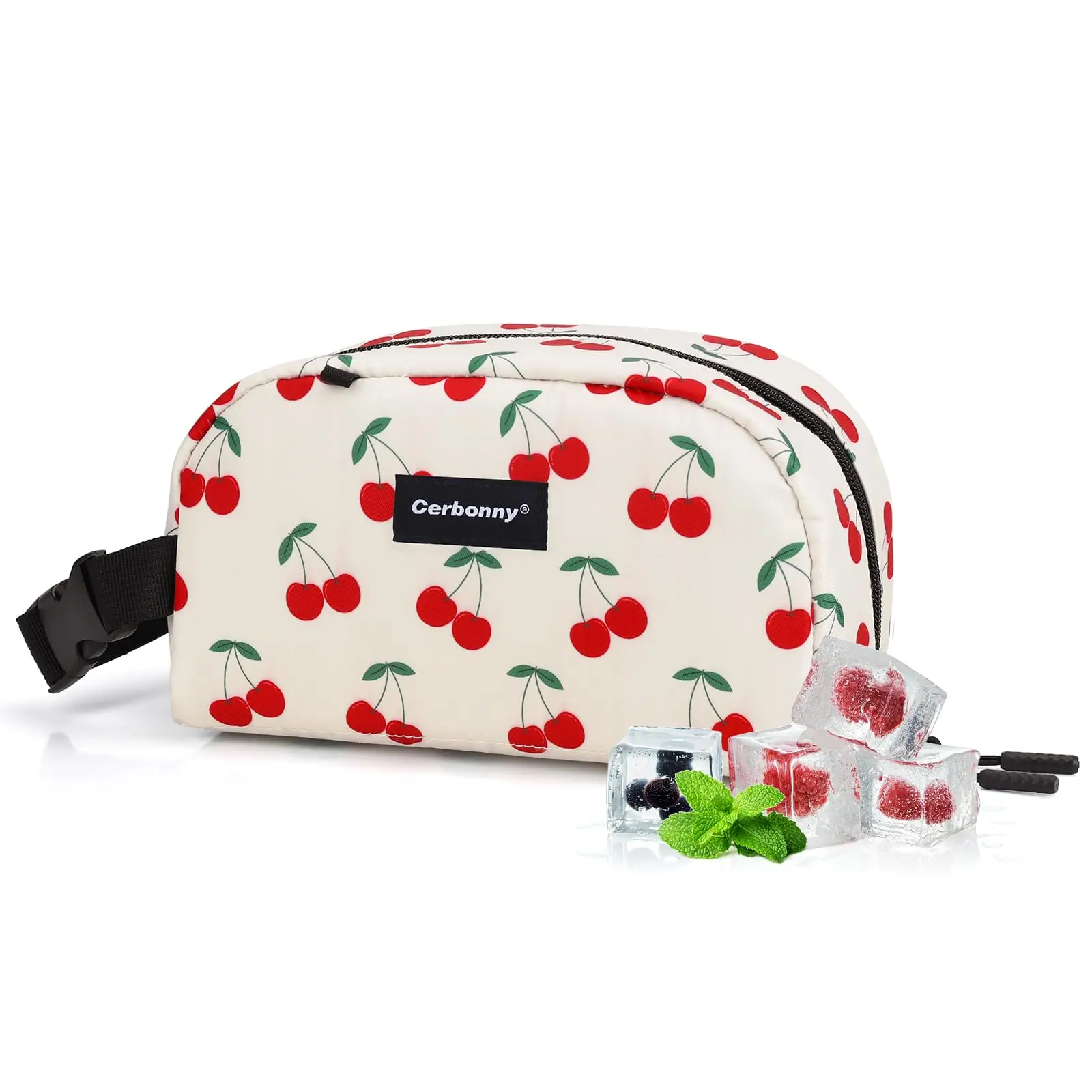 Cerbonny Mini Freezable Bag, Cute Cherry Pattern, Little Cooler Bag, Small Lunch Bag, Cute Snack Bag, 3 Cans Capacity, Great Gifts back to school