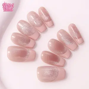 Glow French Handmade Press-On Nails, Short Coffin Shape, 10pcs, Glitter Nails, Glittering Fake Nails, Pink Shimmer French Design, Sheer Nude Base & French Edge, Reusable DIY Nail Kit for Women, Trendy Nails for Spring, Summer