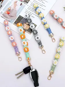 【Phone & Keychain Holder】Bohemian Holiday Wind Flower Chrysanthemum Wrist Strap Daisy Keychain Fashion Hand-woven Key Ring Keychain Lanyard