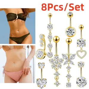 A Set of 8/6/5 Pcs Belly Button Ring Dangle Piercing,Gold,Pink Surgical Steel Cute Navel Ring for Women Ladies,Christmas Party Gifts,Hand Tools Kits