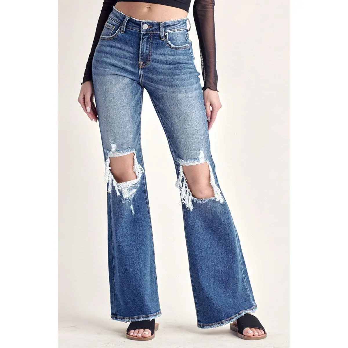 Risen Mid Rise Distressed Flare Jeans