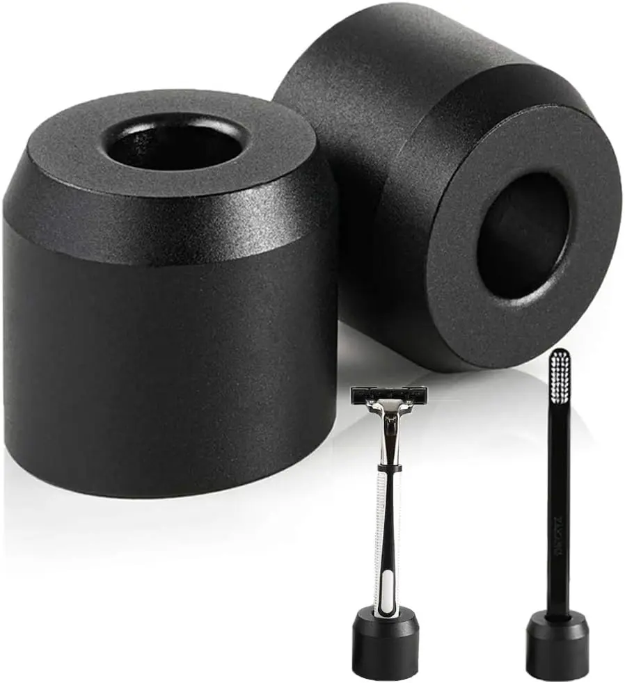 2Pcs Men's Shaving Safety Razor Stand, Premium Aluminum Alloy Matte Black Retro Double Edged Razor Holder for Men Women, Simple Small Long Handle DE Razor Base Tool, Cute Shaver Accessories