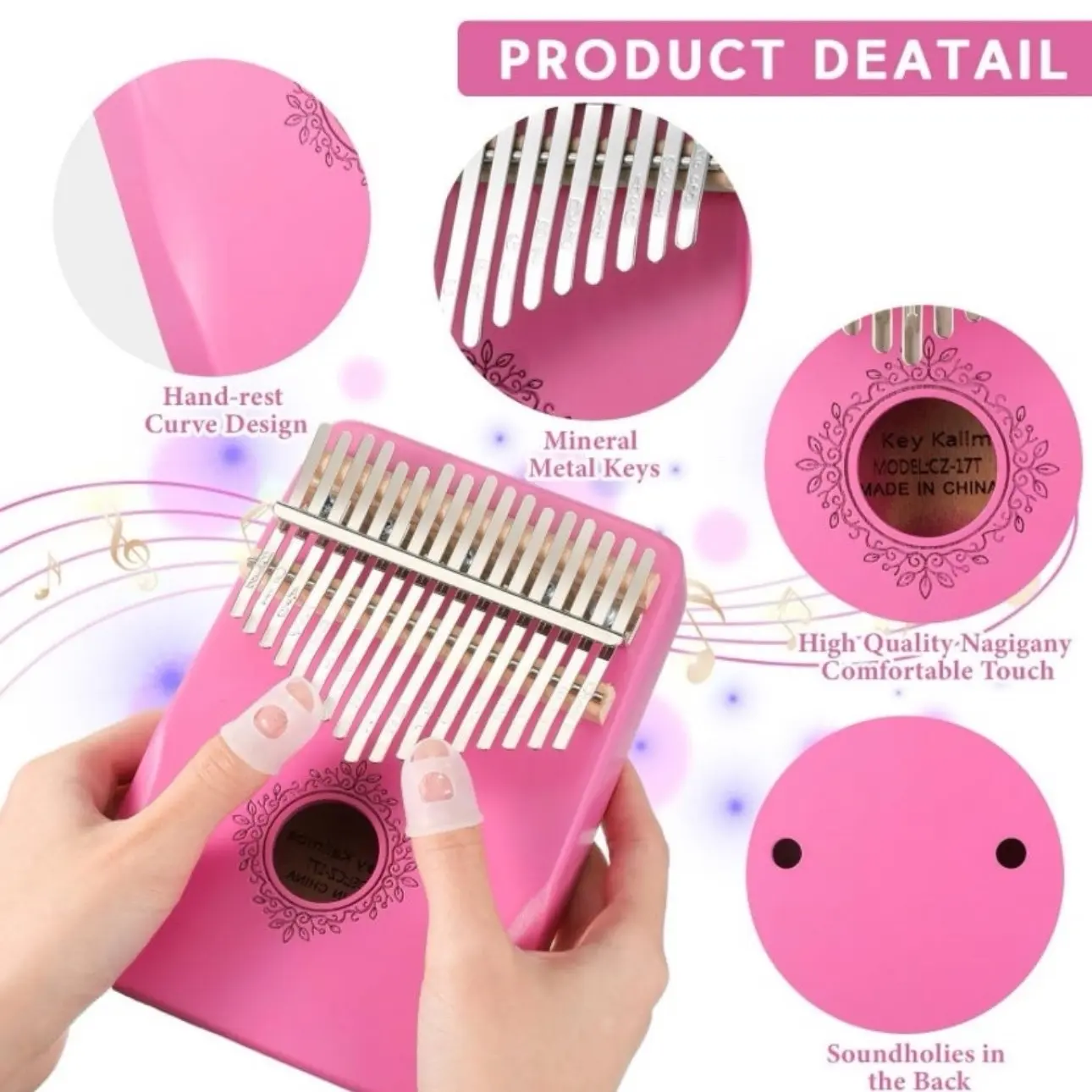 1 set Kalimba 17 Keys Thumb Piano with Study Instruction Book Finger Protector Tune Hammer Cleaning Cloth Tuning Sticker Protective Bag Christmas Gift for Kid Adult Beginners Professional (Pink