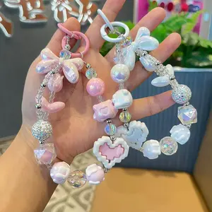 Cute Painted Beaded Bow Keychain with Crystal & Rhinestone, Short Portable Wristlet Strap, Aesthetic Key Chain for Car Keys & Bag Charms,  Sweet Pink Accessory for Women & Girls