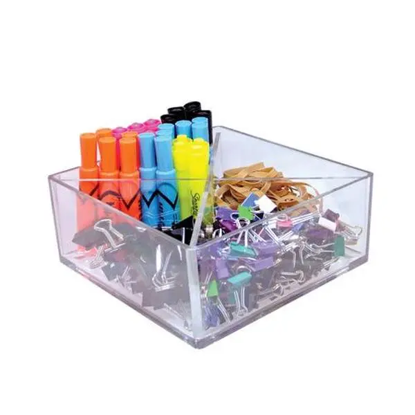 Azar Displays Deluxe Clear Square Bin Four Compartment Revolving Desk Organizer 8"W x 8"D x 4"H