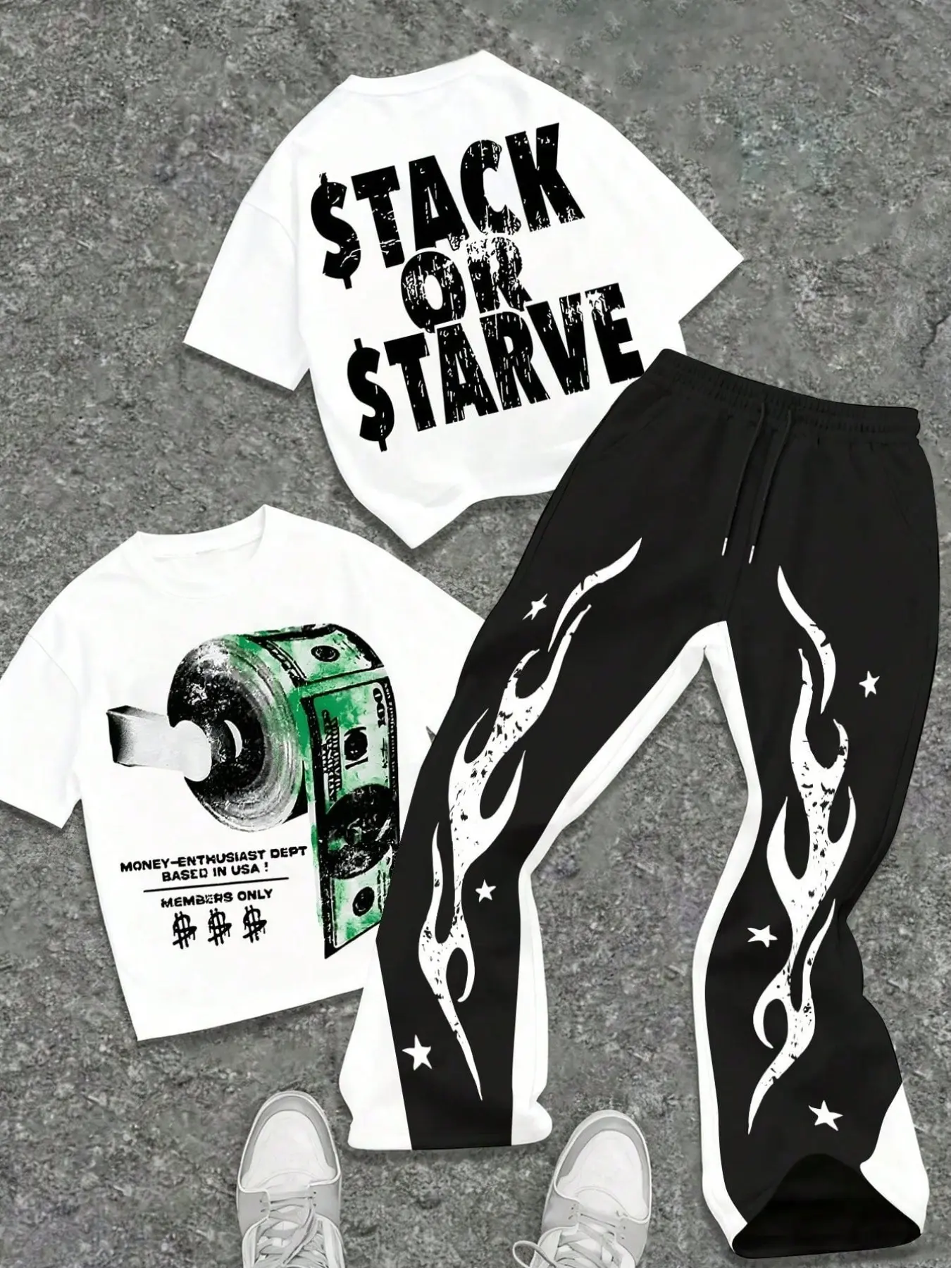 "Stack Or Starve" Money Print Two-Piece Set | Y2K Streetwear Flare Pants Oversized tee, flame & star details, stretchy waistband, viral hip-hop aesthetic, perfect for TikTok fits, street style, hustler vibes, Clothes