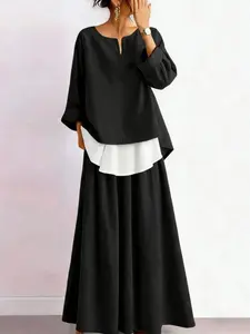 Women's Casual Colorblock Matching Set, V Neck Long Sleeve Patchwork Hoodie Top, High Waist Skirt Design, Fitted, All Seasons, Daily Commute