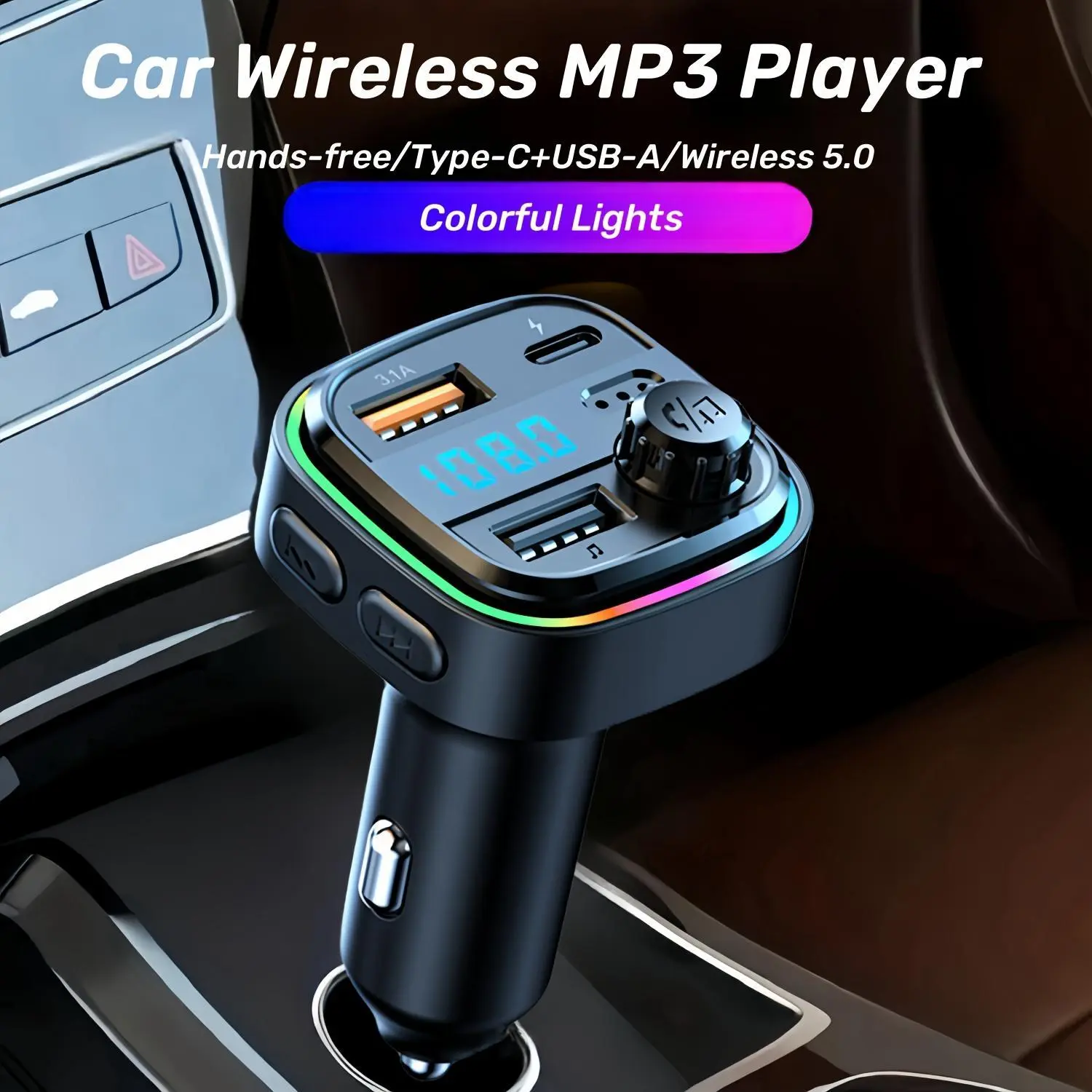 C26 Wireless Hands-Free Car Mp3 Music Player, Type-C & Dual USB Fast Charging, Fast Charging Supported, Fm Transmitter, 7-Color LED Display, LED Lights
