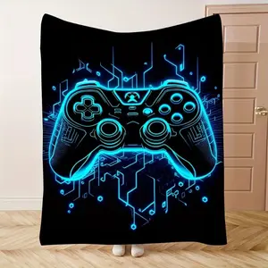 Neon Gaming Controller Fleece Blanket, Cool Gamer Style Throw Blanket Soft Cozy for Autumn Winter Gaming Nooks and Teen Room Decor