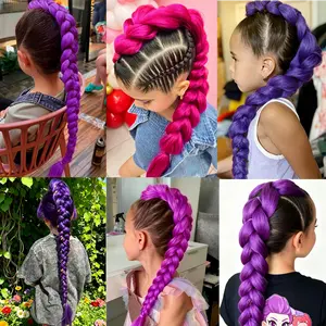 Cosplay Wig Skpop Hunter Girl Team -Jumbo Pre-Braided Ponytail Hair Extension, Clip On Thick Box Braid Hair Piece, Colorful Purple Magenta Braided Ponytail for Girls Party Cosplay Daily Hairstyle