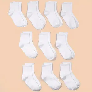 10/12 Pairs Kids Cotton Blend Crew Socks, Solid White, Casual Daily Wear, Spring/Summer, Hand Wash, 75% Cotton, 22% Polyester, 3% Spandex, 220g/m² Knit Fabric