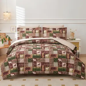 Lodge  Comforters Set  Size - 7 count Cabin  Bear Rustic Farmhouse Bedspread Winter Cottage Quilt Bedding Sets, Bed in a Bag with Sheets, Pillowcases & Shams(Green Brown)